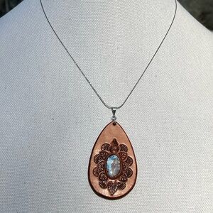 Golden Hills Kazakhstan Turquoise Tooled Leather Pendant 925 Silver Necklace